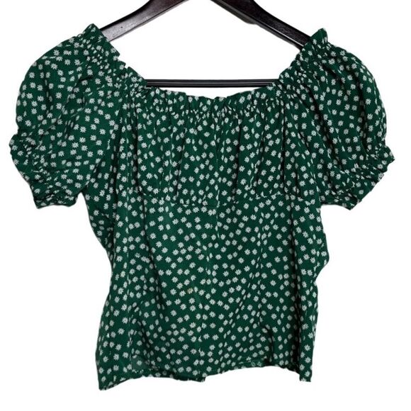 Floral Puffy Sleeve Button Down Crop Top Green and White Size Small - Picture 3 of 6